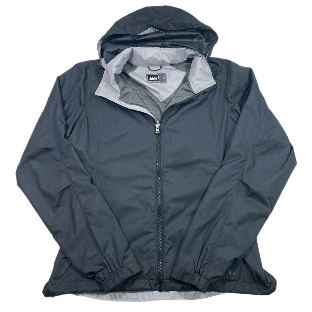 REI Jacket Womens Black Windbreaker Full Zip Hooded Size M Lightweight